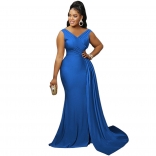 Blue Low-Cut Pleated Women Bodycon Maxi Dress