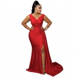 Red Low-Cut Pleated Women Bodycon Maxi Dress