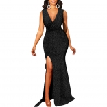 Black Sleeveless Deep V-Neck Silk Bodycon Evening Long Dress