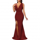 Red Sleeveless Deep V-Neck Silk Bodycon Evening Long Dress
