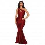 WineRed Halter V-Neck Bodycon Pleated Sexy Evening Long Dress