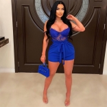 Blue Low-Cut Lace Hollow-out Sexy Women Rompers