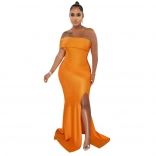 Orange Off-Shoulder Boat-Neck Pleated Sexy Evening Long Dress