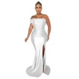 White Off-Shoulder Boat-Neck Pleated Sexy Evening Long Dress