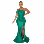 Green Off-Shoulder Boat-Neck Pleated Sexy Evening Long Dress