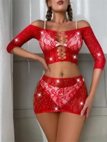 Red Long Sleeve Lace Diamond Sexy Lingerie