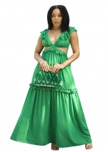 Green Deep V-Neck Foral Fashion Women Long Dress