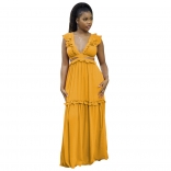 Yellow Deep V-Neck Foral Fashion Women Long Dress