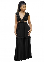 Black Deep V-Neck Foral Fashion Women Long Dress