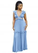 Blue Deep V-Neck Foral Fashion Women Long Dress