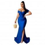 Blue Low-Cut Bodycon Fashion Women Evening Long Dress