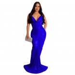 Blue Halter Deep V-Neck Silk Fashion Evening Long Dress
