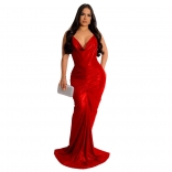 Red Halter Deep V-Neck Silk Fashion Evening Long Dress