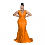 Orange Deep V-Neck Sleeveless Pleated Women Club Maxi Dress