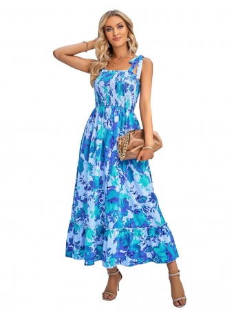 Blue Straps Printed Fashion Women Beach Street Skirt Dress