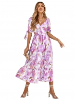Purple Printed Fashion V-Neck Women Skirt Dress