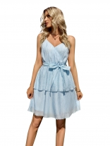Blue Straps V-Neck Chiffion Belt Women Skirt Dress