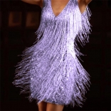 Purple V-Neck Sequin Tassels Fashion Mini Dress