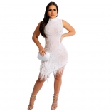 White O-Neck Mesh Rhinestone Pearl Bodycon Feather Mini Dress