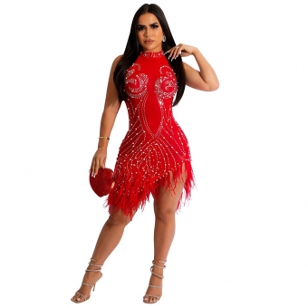 Red O-Neck Mesh Rhinestone Pearl Bodycon Feather Mini Dress