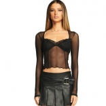 Black Long Sleeve Mesh Lace Party Tops