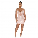 Pink Halter Low-Cut V-Neck Rhinestone Bodycon Mini Dress