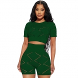 Green Hollow-out Sexy Hole Women Short Sets