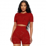 Red Hollow-out Sexy Hole Women Short Sets