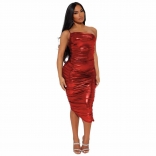 Red Sexy Fashionable One-Shoulder Drawstring Wrinkled Dress
