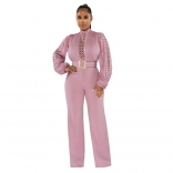 Pink Belt Lace Cut Out Fashion Women Long Sleeve Sexy Jumpsuit