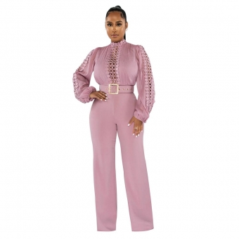 Pink Belt Lace Cut Out Fashion Women Long Sleeve Sexy Jumpsuit
