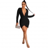 Black Long Sleeve Deep V-Neck Pleated Sexy Mini Dress