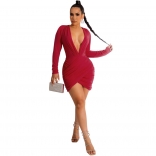 Red Long Sleeve Deep V-Neck Pleated Sexy Mini Dress