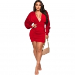 Red Deep V-Neck Long Sleeve Pleated Sexy Mini Dress