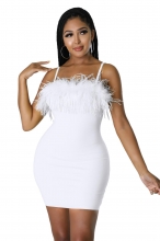 White Boat-Neck Straps Rhinestone Tassels Feather Party Dress