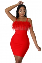 Red Boat-Neck Straps Rhinestone Tassels Feather Party Dress