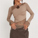 Khaki Long Sleeve Lace Fashion Women Tops