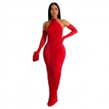 Red Lace Long Sleeve Straps Hollow-out Pleated Maxi Dress