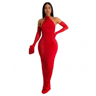 Red Lace Long Sleeve Straps Hollow-out Pleated Maxi Dress