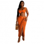 Orange Straps Low-Cut Fashion Women Slit Maxi Dress