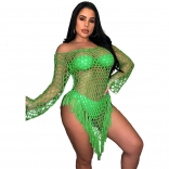 Green Women Sexy Cotton Tassels Beach Wear