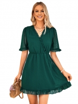 Green Short Sleeve Mesh Chiffion Women Skirt Dress
