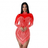 Red Mesh Summer Rhinestone Bodycon Mini Dress