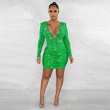 Green Long Sleeve V-Neck Rhinestone Bodycon Party Mini Dress