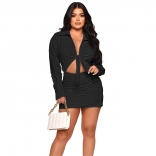 Black Hollow Lace Up One Piece Breast Wrap Hip Shirt Dress