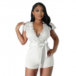 White Lace Deep V-neck Belt Sexy Club Rompers