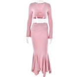 Pink Temperament Sexy Slim Fit Flare Sleeves Open Waist Fishtail Skirt