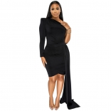 Black Fashionable Single Sleeved Casual Diagonal Collar Dress for Women