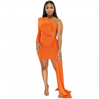 Orange Fashionable Single Sleeved Casual Diagonal Collar Dress for Women