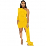 Yellow Fashionable Single Sleeved Casual Diagonal Collar Dress for Women